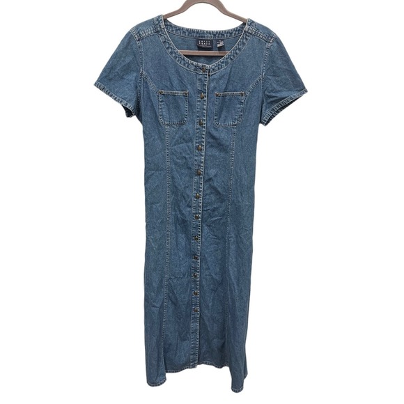 Crazy Horse Dresses & Skirts - Crazy Horse Liz Claiborne Denim Maxi Dress XL Blue Cotton Button Front Tie Back